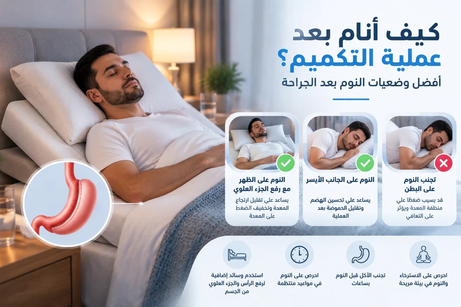 كيف أنام بعد عملية التكميم؟ أفضل وضعيات النوم بعد الجراحة